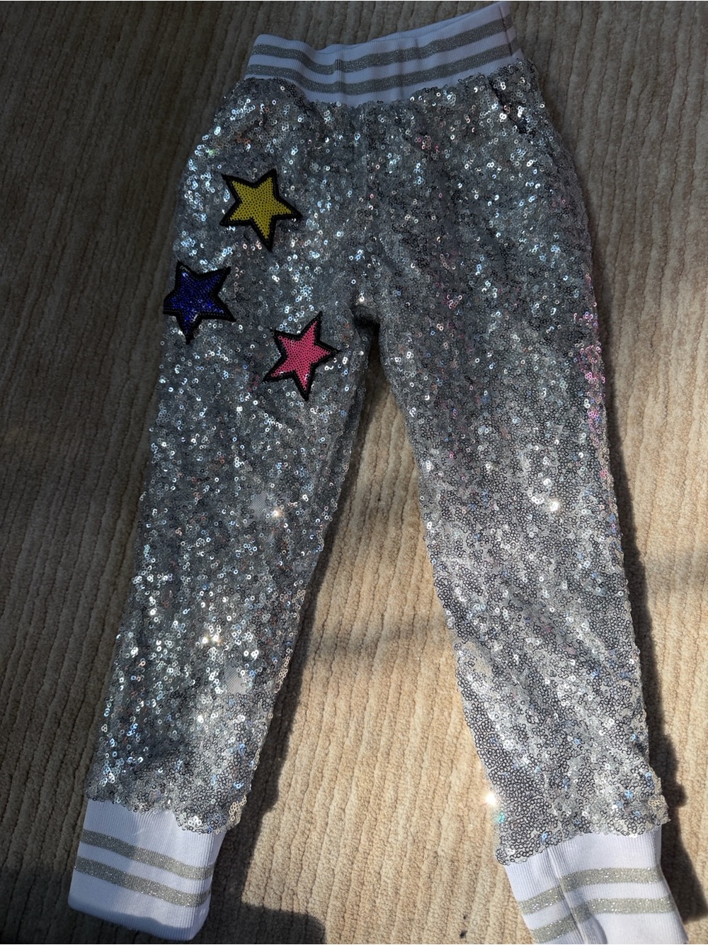 Silver Sequin Kids Joggers with Colorful Star Patches